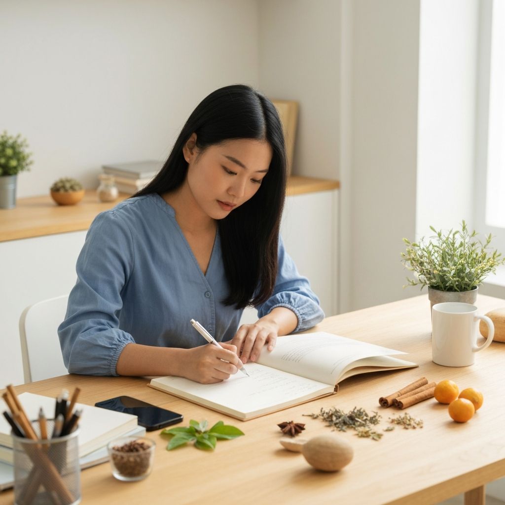 Person studying natural ingredients with clear notebook and organized workspace