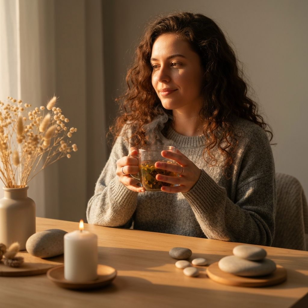 Person relaxing in evening light with tea and wellness items on table
